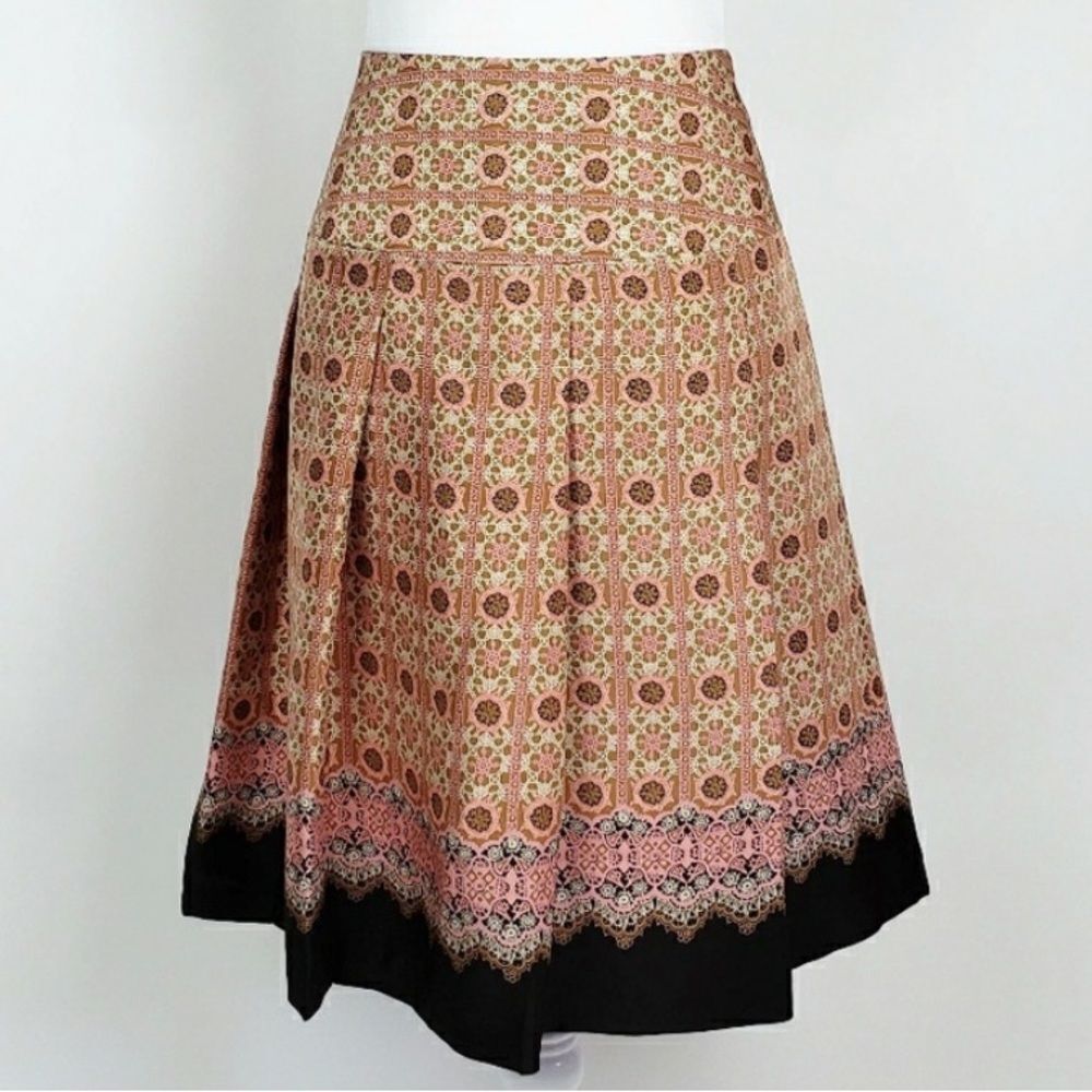 Anthropologie Tapemeasure Pink Brown 100% Silk Medallion Print Pleated Skirt